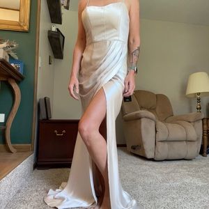 Lulus Champagne Satin Mermaid Maxi Dress